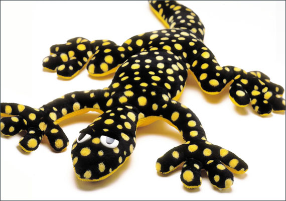 Custom plush lizard made with a polka-dot fun fur fabric