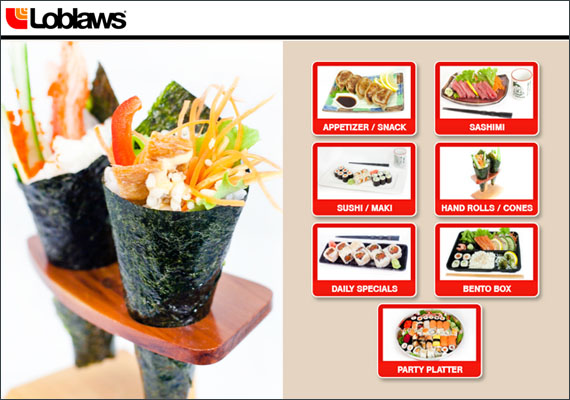 MLG Loblaws self service sushi ordering kiosk. As the Graphic / UI Designer on this project, I was in charge of the front end layout and design in Photoshop / Illustrator. I worked closely with the Developers in the the production of this touch screen application which was executed in Microsoft Expressions / WPF 
